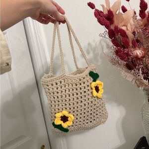 Beige Crochet Tote Bag with Sunflower Accents